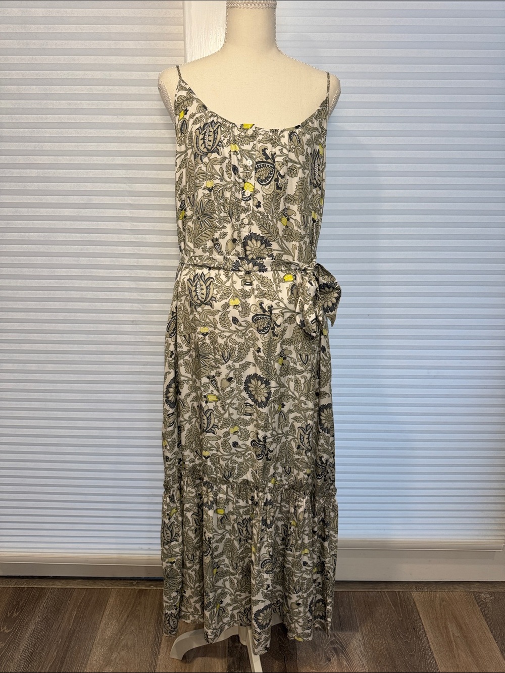 100% Silk Gold Hawk Floral Maxi Dress w/ Tie Waist Cream & Olive MK 1312